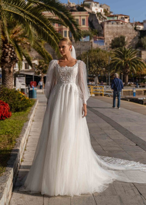 Detachable Long Sleeves Beaded Ivory Lace Glitter Tulle Wedding Dress